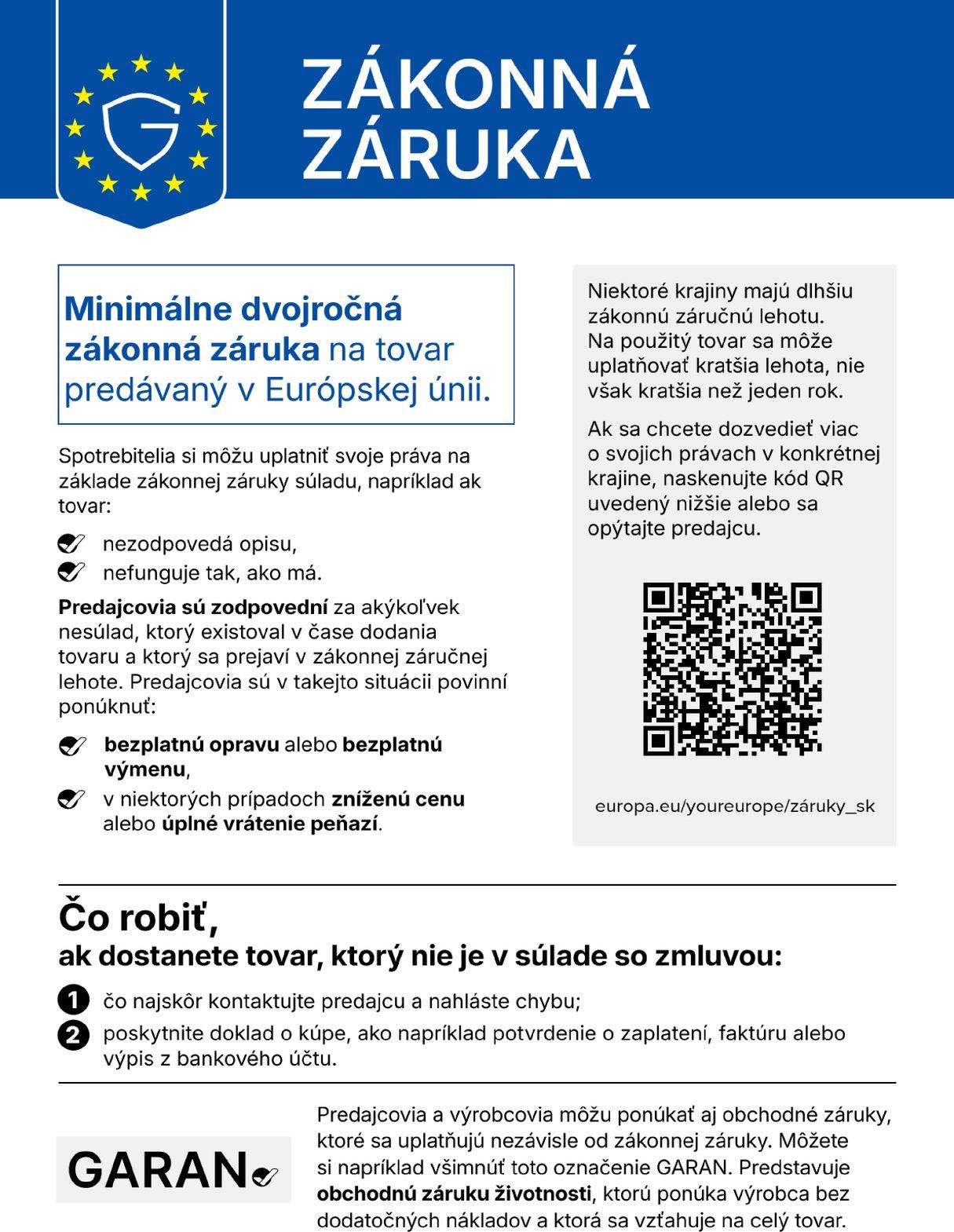 Harmonizované oznámenie EÚ: Zákonná záruka (text je uvedený nižšie)